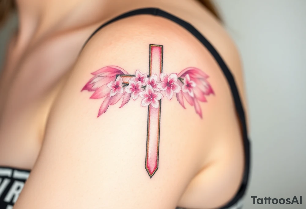 A cross with cherry blossoms growing along its frame, with delicate pink and white feathery wings tattoo idea