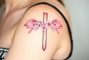 A cross with cherry blossoms growing along its frame, with delicate pink and white feathery wings tattoo idea