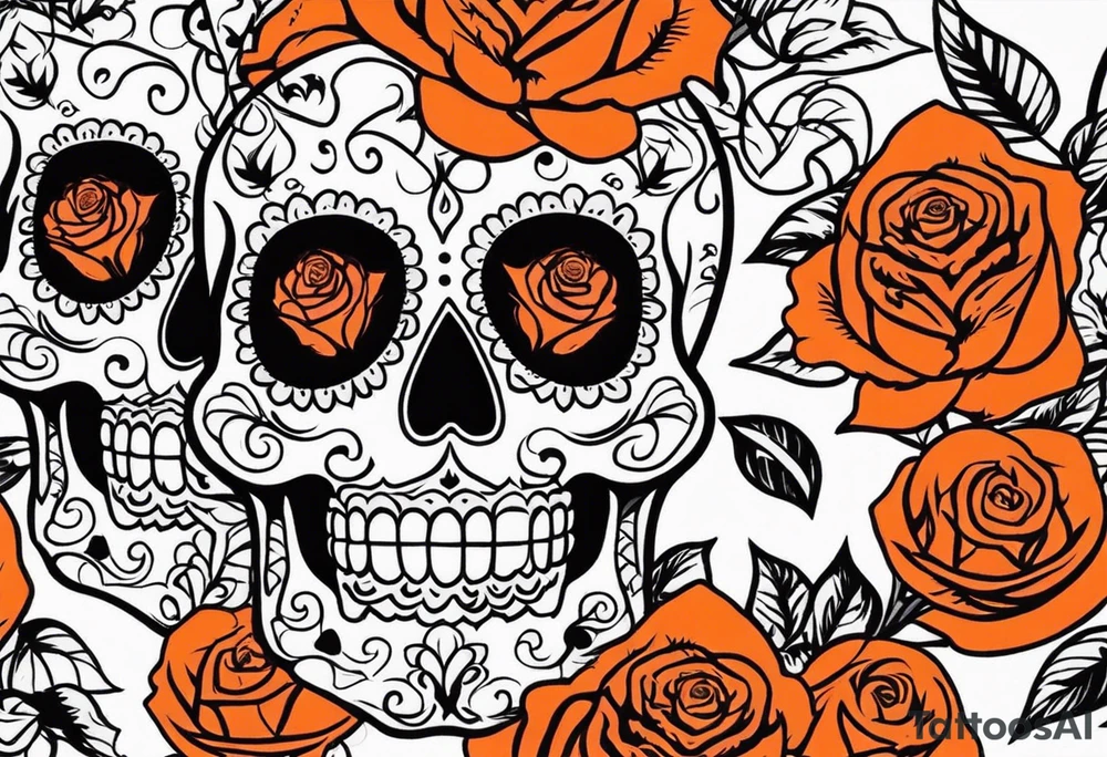 Orange Sugar skull with roses that are orange and red with smoke around it tattoo idea