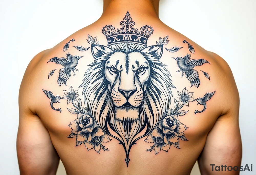 powerful majestic lion with a crown, surrounded by floral ornaments and birds tattoo idea