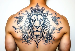 powerful majestic lion with a crown, surrounded by floral ornaments and birds tattoo idea