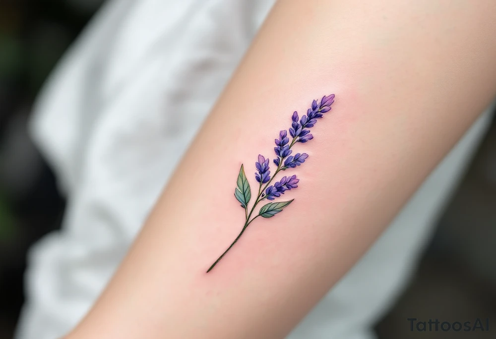 A single delicate lavender sprig in soft purple and green, with fine watercolor shading for a natural, airy look. tattoo idea