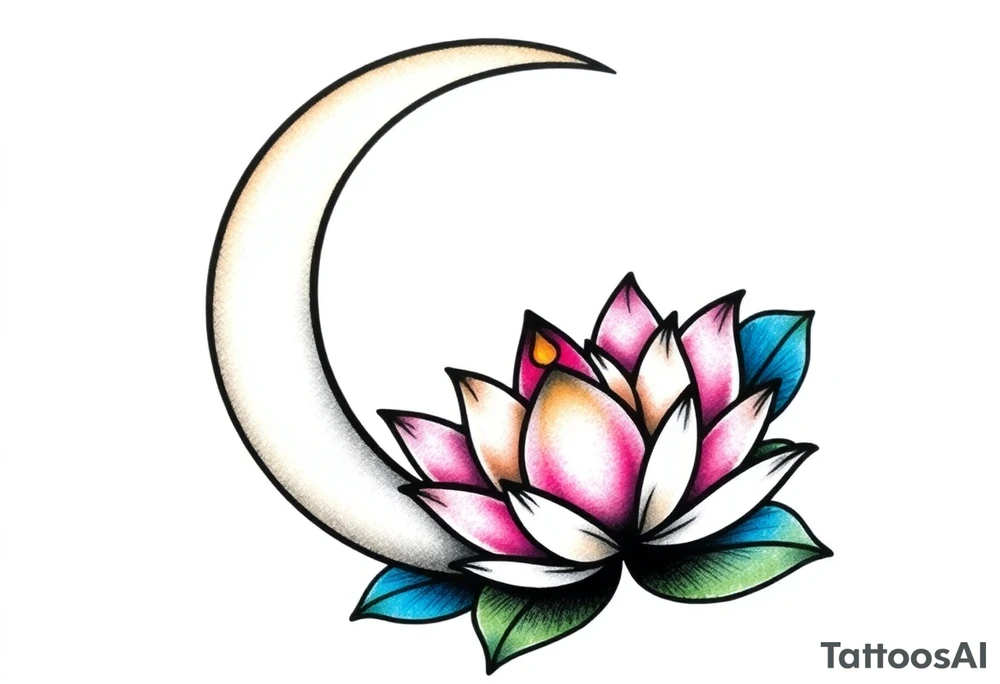 small colorful crescent moon with lotus flower tattoo idea