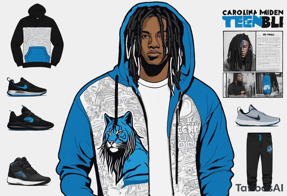 black well built teen with with a grey hoodie on and blue jeans with long dreads morphing 
into a blue wildcat in various spots on his body. I want his hoodie appear as if its been ripped in random places from the inside with I Carolina blue football jersey showing underneath that reads Camden tattoo idea