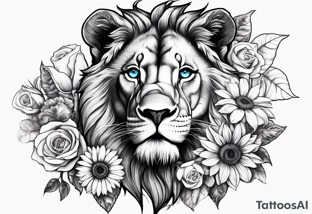 Lion with blue eyes with sunflowers, roses, gerberas and lillys. Including pocket watches. tattoo idea