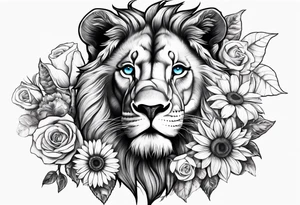 Lion with blue eyes with sunflowers, roses, gerberas and lillys. Including pocket watches. tattoo idea