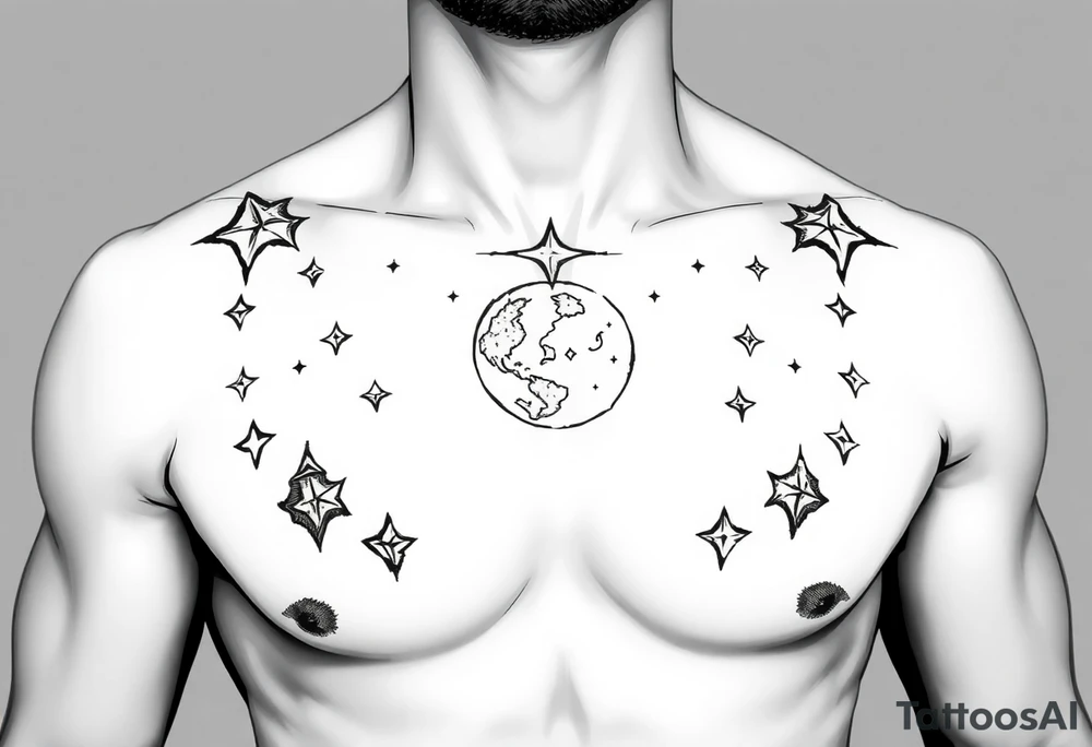 Breast plate and upper abs tattoo moons and stars cartoony tattoo idea