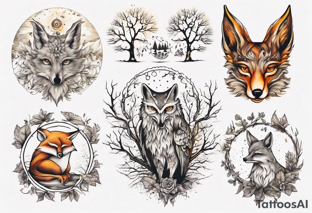 sonne, eule  wald, fuchs 
baum, sapere aude tattoo idea
