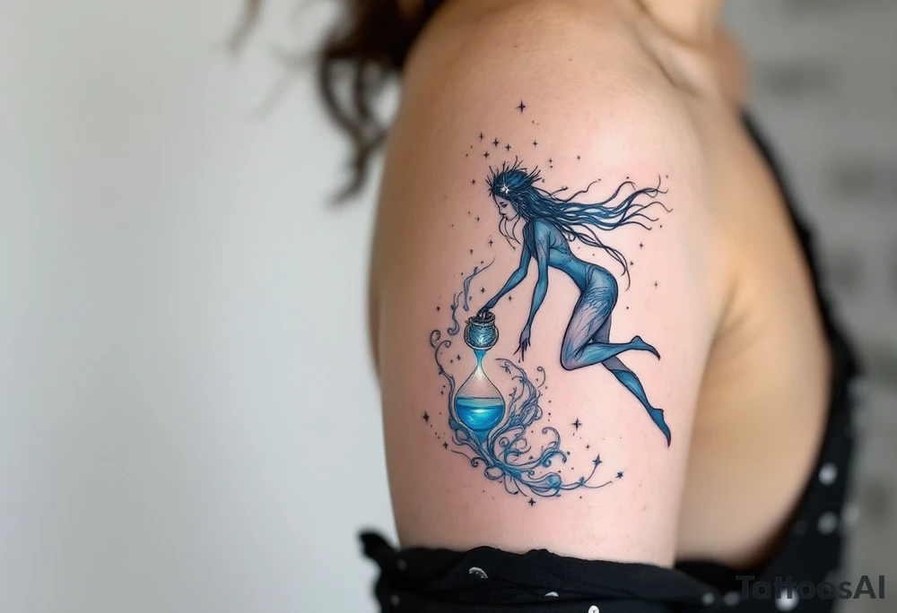 A mystical Aquarius water bearer, pouring glowing celestial water from an ornate jug, surrounded by swirling cosmic mist in shades of deep blue and silver. tattoo idea