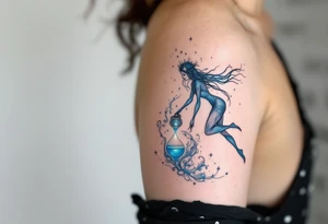 A mystical Aquarius water bearer, pouring glowing celestial water from an ornate jug, surrounded by swirling cosmic mist in shades of deep blue and silver. tattoo idea