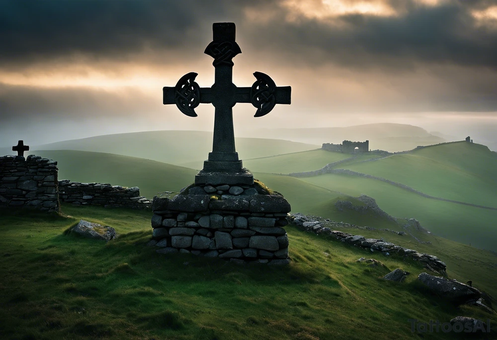 A stone Celtic cross solemnly standing atop a hill, a raven perches atop the cross staring out over the desolation. A ruined stone wall lies crumbling near the cross. Mist rolls along the hilltops adding to the melancholic nature of the scene. Clouds gather in the distance, obscuring the setting sun tattoo idea
