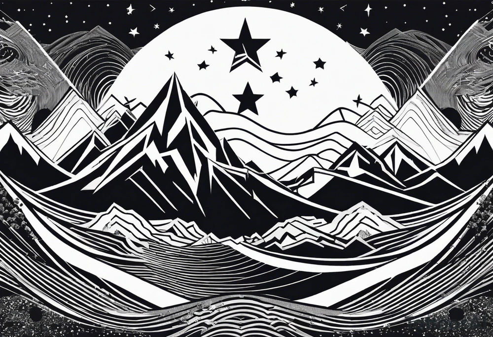 Mountain Massif, one Peak, only peak surrounded woth semi circle dashed Line, in semi circle two littel fine Stars, waves overlapping in Side, Open geometrical Forms Like Diamond with Open lines tattoo idea