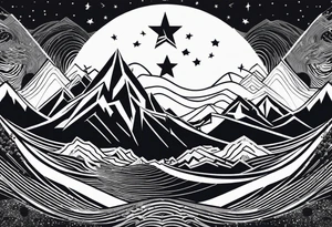 Mountain Massif, one Peak, only peak surrounded woth semi circle dashed Line, in semi circle two littel fine Stars, waves overlapping in Side, Open geometrical Forms Like Diamond with Open lines tattoo idea