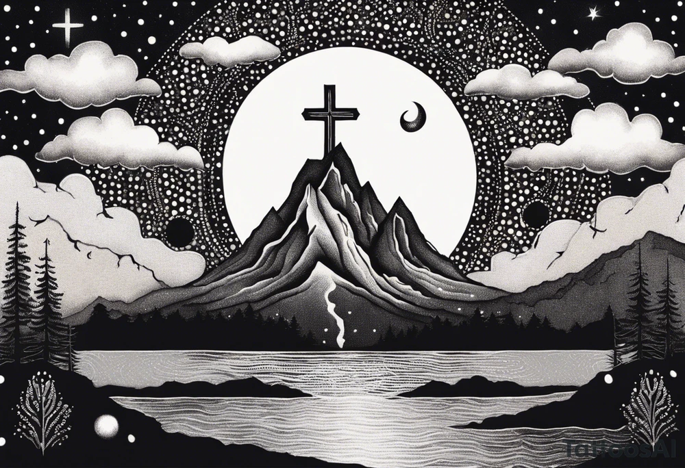 nature with mountains, waterfall, water, and a cross in the background and and moon/sun in the sky with stars tattoo idea