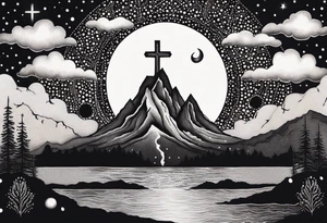 nature with mountains, waterfall, water, and a cross in the background and and moon/sun in the sky with stars tattoo idea