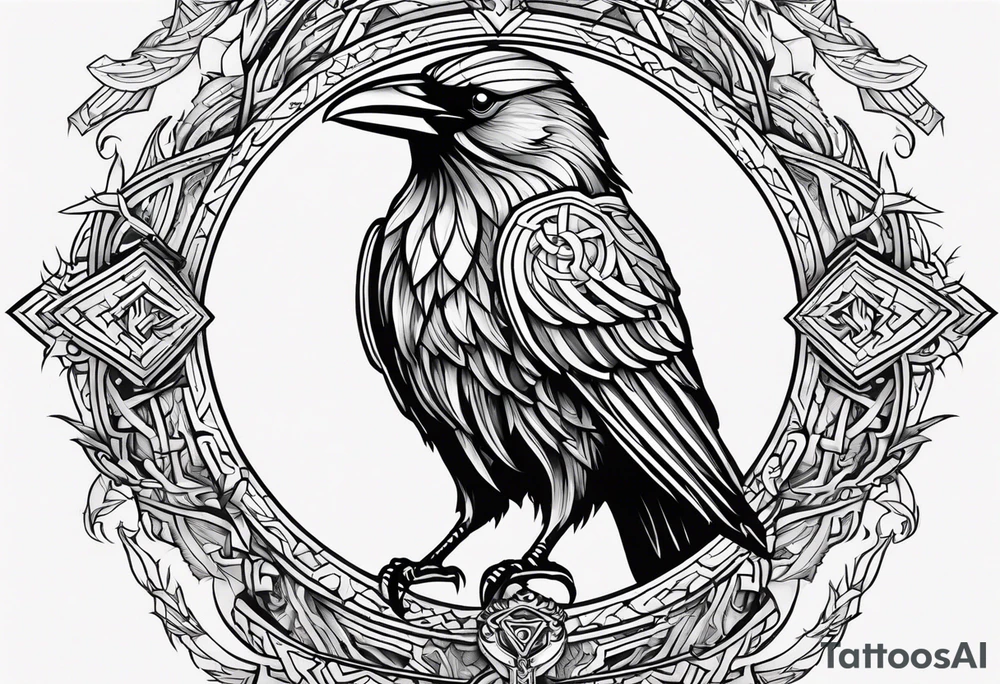 Create a tattoo of odin's crow set in the Viking mythology, the tattoo must be a full-right arm sized, with background tattoo idea