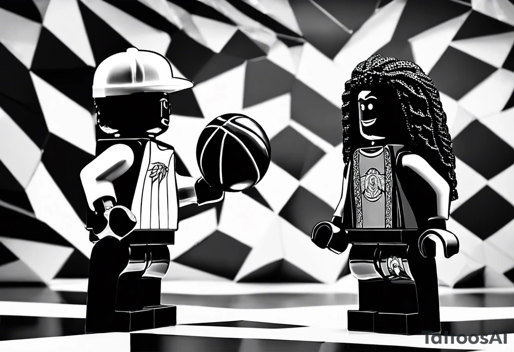 2 Lego figures in one scenery, one of them will be a Rastaman who is looking at the other one dribbling a basketball tattoo idea