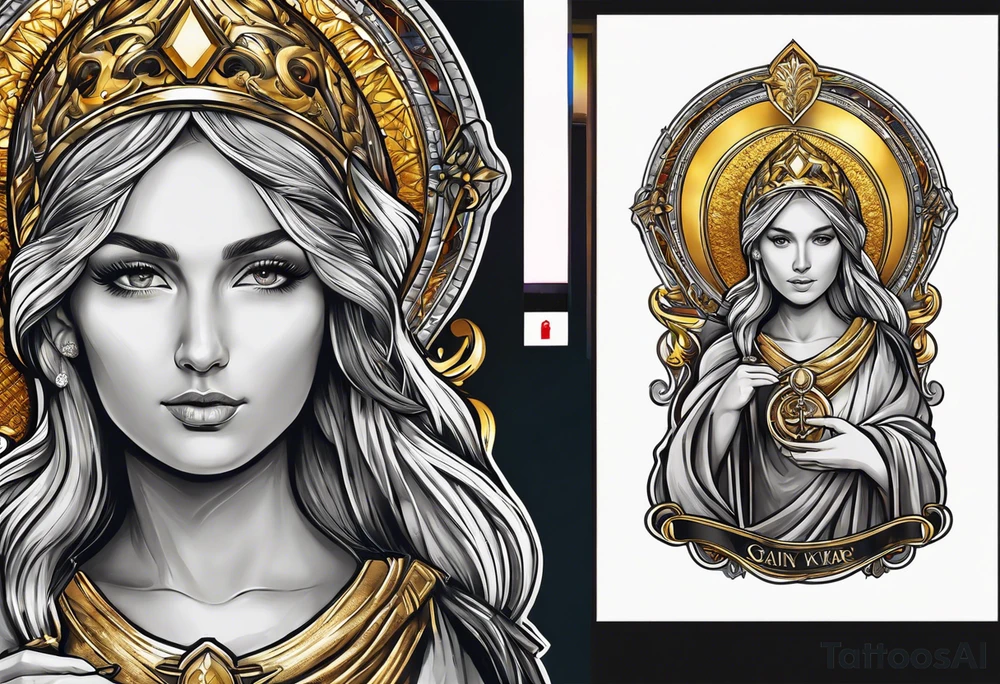 woman saint holding chalice surrounded by golden halo portrait tattoo idea