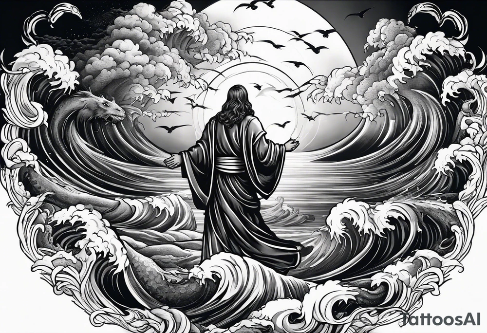 Almighty Jesus Christ confidently ascends from Heaven to vanquish the formidable Serpent lurking in the ocean. tattoo idea