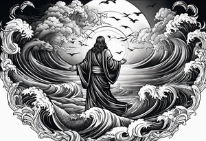 Almighty Jesus Christ confidently ascends from Heaven to vanquish the formidable Serpent lurking in the ocean. tattoo idea