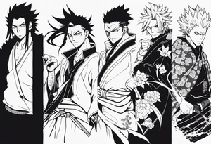 Can you create a full sleeve with Muichiro, Obanai, Rengoku and Giyuu from Demon Slayer and Choso, Gojo and Megumi from Jujutsu Kaisen tattoo idea