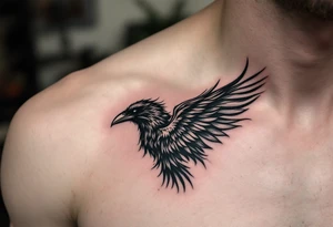 raven with wing extended onto chest tattoo idea