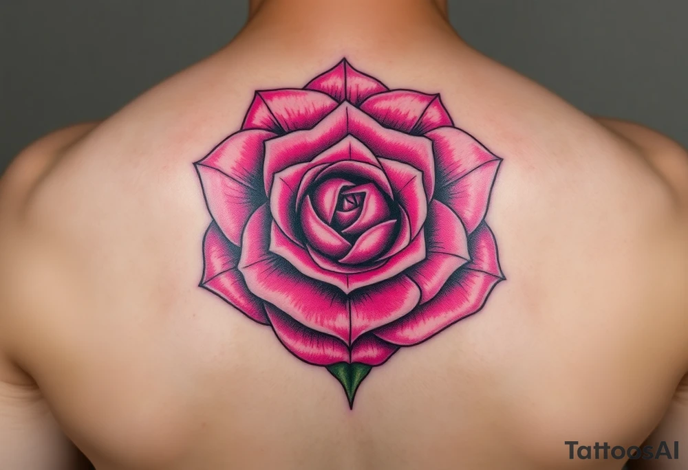 The pink rose blooms in a mesmerizing display of symmetry, its delicate petals unfolding in a kaleidoscope of repeating patterns, where soft blush and vibrant magenta hues seamlessly blend, creating an intricate, fractal-like illusion that shifts and transforms with every glance tattoo idea