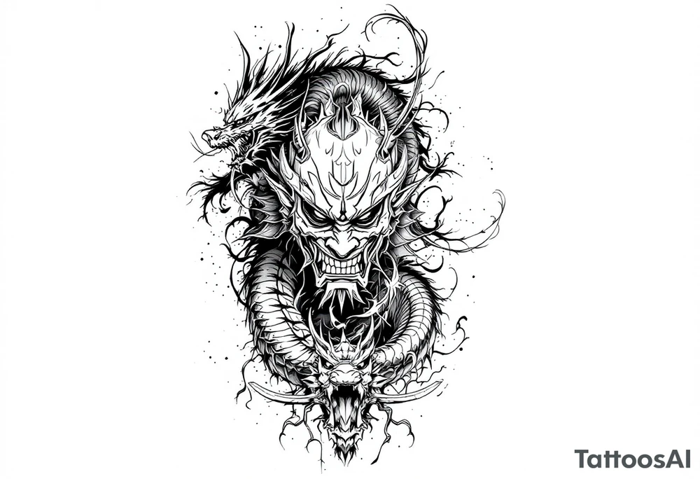 Japanese style with an oni mask, dragon and samurai warrior tattoo idea