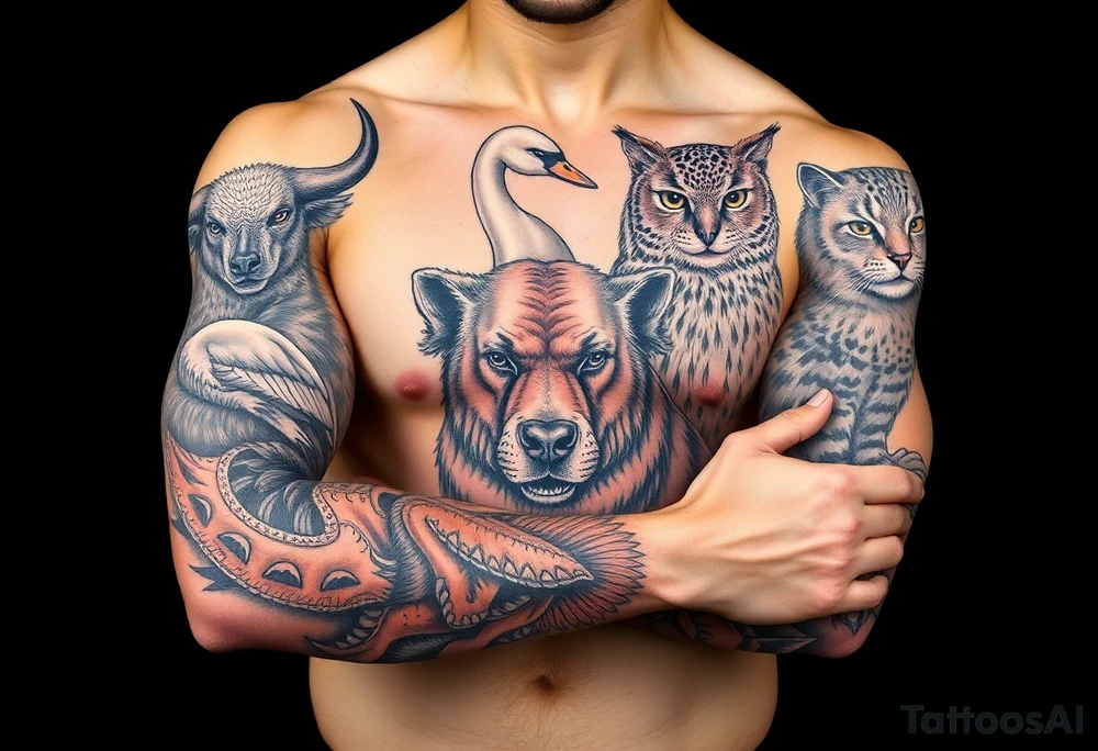 Animals, bull, dog, swan, owl, cat, tattoo idea