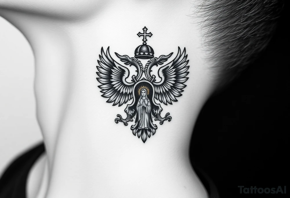 russian coat of arms double headed eagle traditional christian orthodox cross with a virgin mary stood in the entrance of a russian orthodox dome church on the side of the neck in a wilderness setting tattoo idea