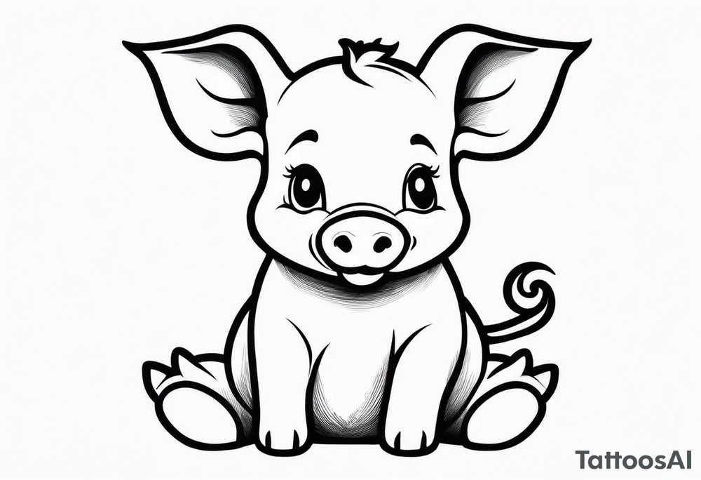 cute simple piglet sitting on bum. big eyes, small/floppy ears. thin lines minimal shading, black and white only, with text "friends not food", white background tattoo idea