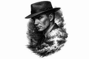 Create a high-end black-and-grey realism tattoo design featuring Cillian Murphy as J. Robert Oppenheimer from Christopher Nolan’s 2023 film Oppenheimer. His face must clearly resemble Cillian Murphy: sharp cheekbones, hollow cheeks, piercing light eyes, narrow face, intense haunted expression, wearing the dark 1940s suit and iconic wide-brimmed pork-pie hat from the film. Do NOT depict the historical J. Robert Oppenheimer or a generic 1940s scientist.

Show Cillian Murphy in dramatic three-quarter profile, looking slightly downward, with one side of his face illuminated by the Trinity nuclear explosion and the other disappearing into deep black shadow.

Behind and partially around him, show the Trinity test exploding over the New Mexico desert: an enormous white-hot fireball, rolling smoke, dust, and atmospheric shockwaves. The explosion should merge organically into his coat and silhouette instead of appearing as a separate mushroom cloud underneath him.

Incorporate subtle Manhattan Project imagery into the shadows: faint handwritten nuclear physics calculations, plutonium-core geometry, chain-reaction diagrams, Los Alamos technical sketches, and the distant silhouette of the Trinity test tower. These details should be secondary and partially hidden.

Make the entire piece dark, cinematic, ominous, sophisticated, and psychologically intense, inspired by the visual atmosphere of the 2023 Oppenheimer film. The tattoo should convey a brilliant man staring into the consequences of what he helped create.

Style: ultra-realistic black-and-grey tattoo, extremely accurate Cillian Murphy facial likeness, cinematic lighting, deep blacks, smooth greywash, fine-line details, realistic skin texture, strong contrast, controlled negative space, organic smoke transitions, no hard rectangular border, designed for an outer forearm or upper arm, vertical composition.

NO: historical Oppenheimer facial likeness, generic scientist, giant atom symbol around his head, atom halo, Einstein, cartoon imagery, symmetrical tattoo-flash layout, portrait sitting directly above a mushroom cloud, cheesy science icons, gears, clocks, skulls, roses, random text, gibberish equations, steampunk imagery, exaggerated fedora, smiling expression, superhero pose. tattoo idea