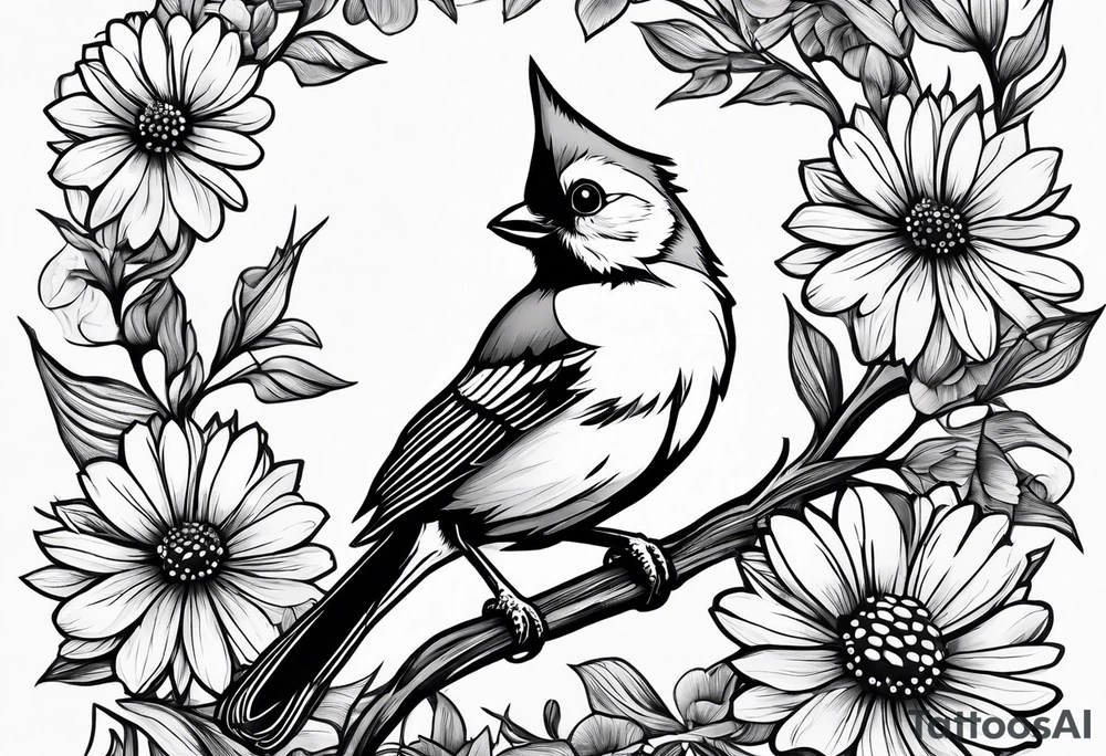 tufted titmouse perched in grass with a daisy tattoo idea tufted titmouse perched in grass with a daisy tattoo idea