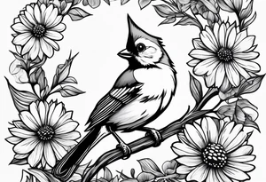 tufted titmouse perched in grass with a daisy tattoo idea