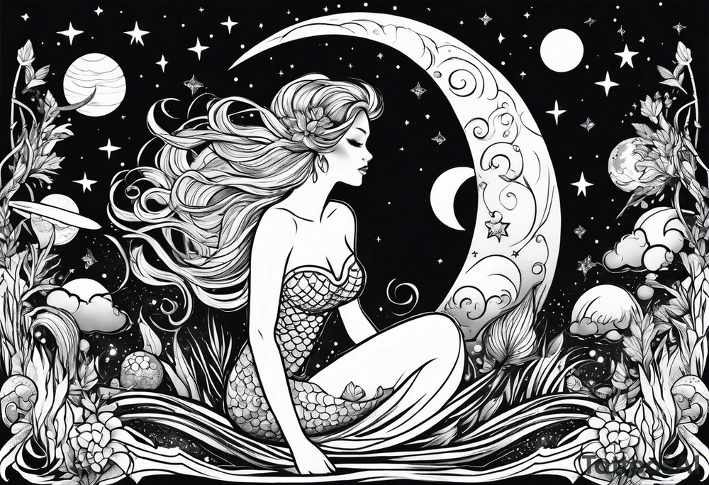 Swamp mermaid under stars and planets tattoo idea