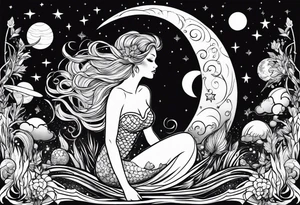 Swamp mermaid under stars and planets tattoo idea