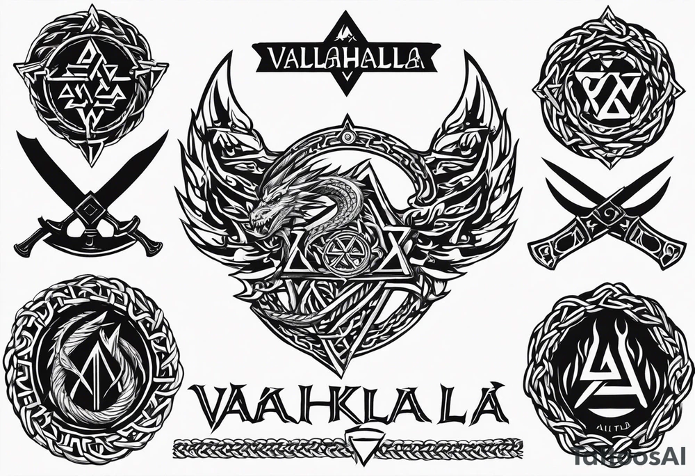 Valhalla sword shield dragon axe Valknut barbed wire chains fire tattoo idea Valhalla sword shield dragon axe Valknut barbed wire chains fire tattoo idea