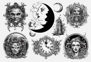 A moon with a face of a old stile clock outdoors tattoo idea