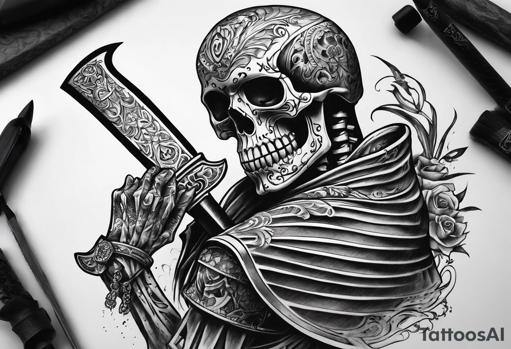 skelaton with knife in back tattoo idea