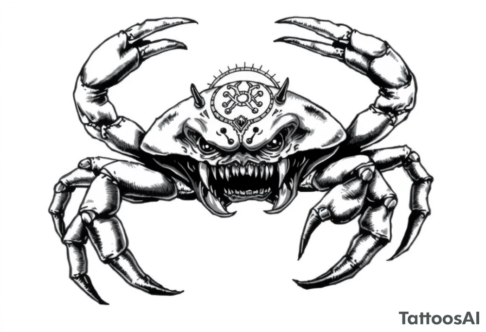 An angry crab with an angry unnatural face its claws scary with a zodiac symbol prominent and has extra long legs and big etes tattoo idea