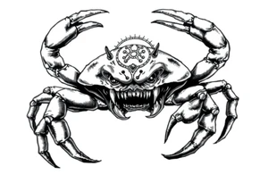 An angry crab with an angry unnatural face its claws scary with a zodiac symbol prominent and has extra long legs and big etes tattoo idea