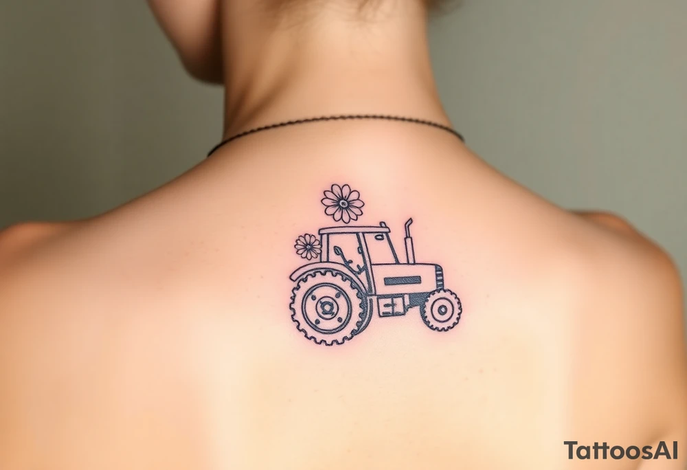Petite small tractor with two flowers on it tattoo idea