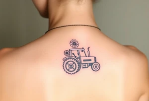 Petite small tractor with two flowers on it tattoo idea