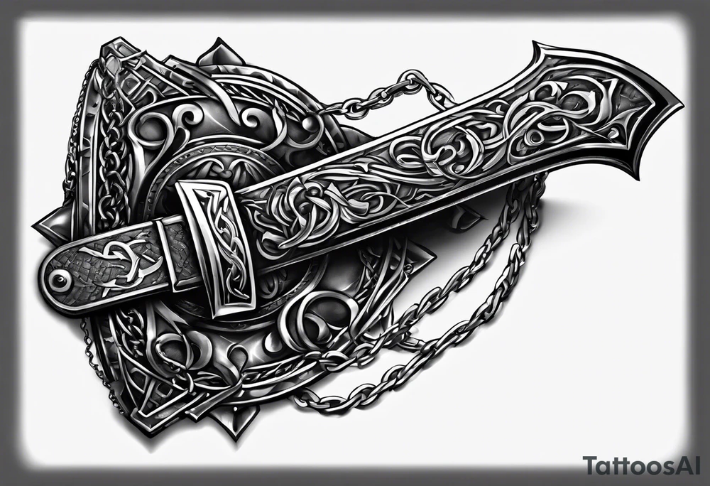 Valhalla sword shield axe barbed wire chains dark cloud tattoo idea