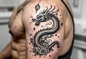 Chinese dragon flying towards the sky surrounded by chinese lanterns tattoo idea