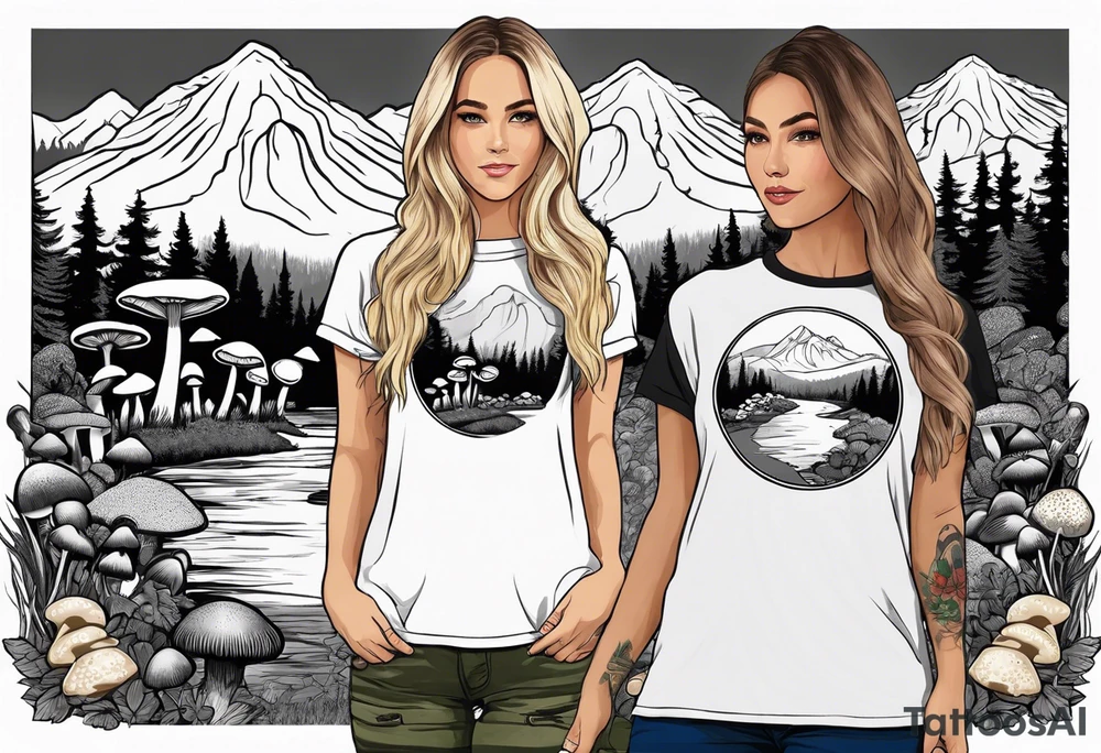 Whole picture encircled fully

Straight long blonde hair hippie girl in distance holding mushrooms in hand facing away toward mountains and creek surrounded by mushrooms tee shirt and hiking pants; whole rendering within a full circle, no cut off circle tattoo idea