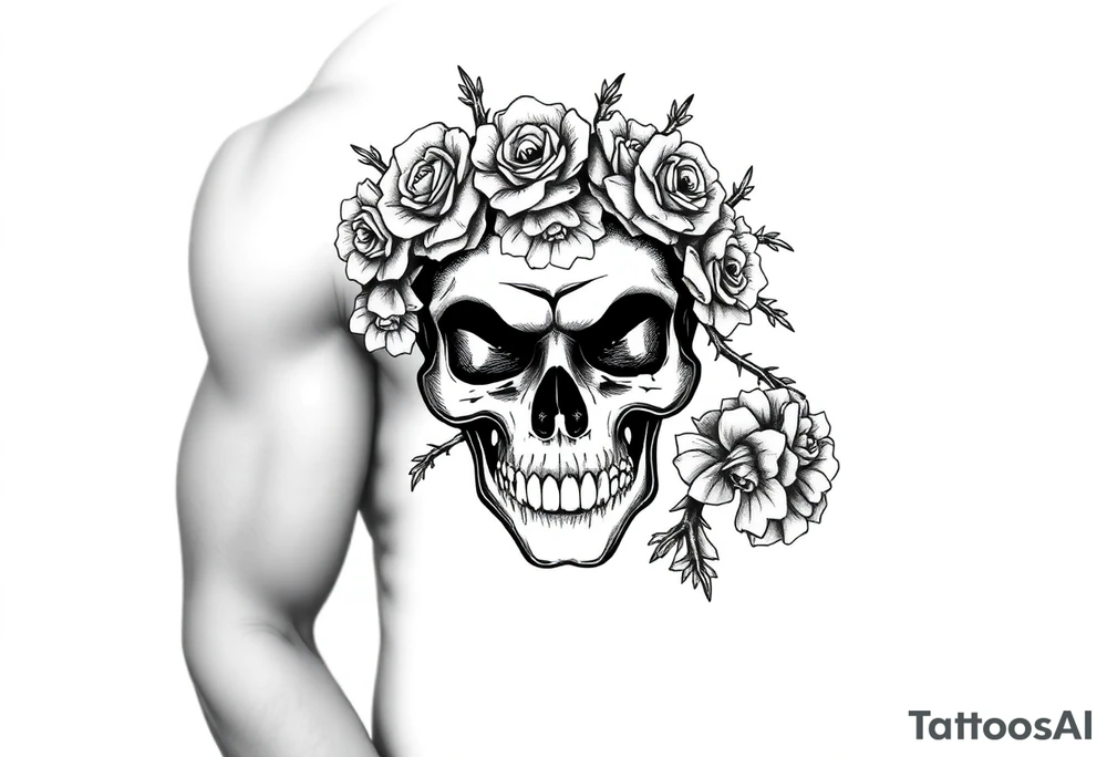 ornate skull adorned with crown of wild roses and thorns tattoo idea