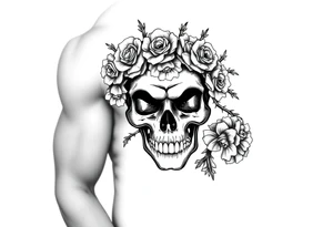 ornate skull adorned with crown of wild roses and thorns tattoo idea