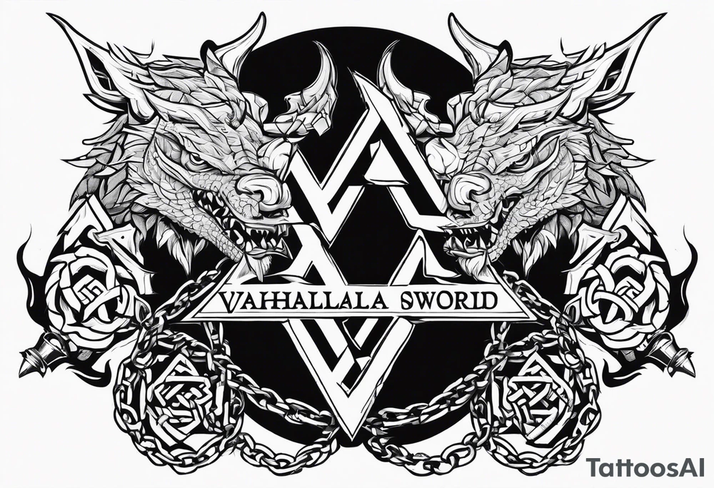Valhalla sword shield dragon axe Valknut barbed wire chains tattoo idea Valhalla sword shield dragon axe Valknut barbed wire chains tattoo idea