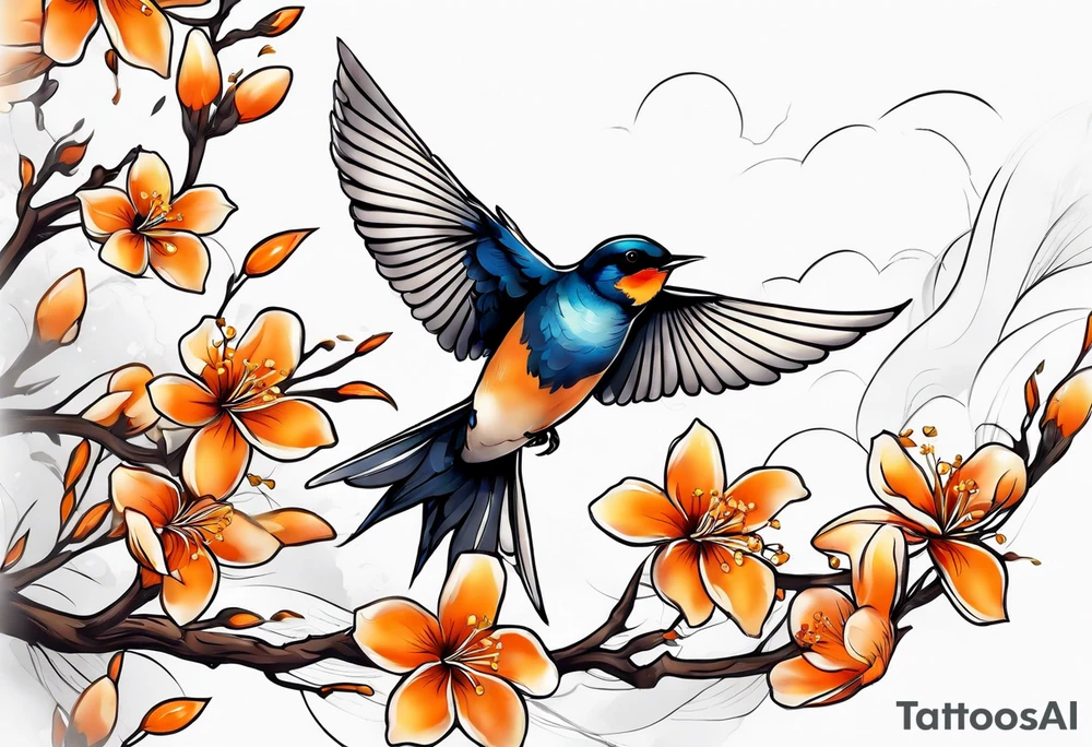 swallow flying off of branch with orange blossoms tattoo idea
